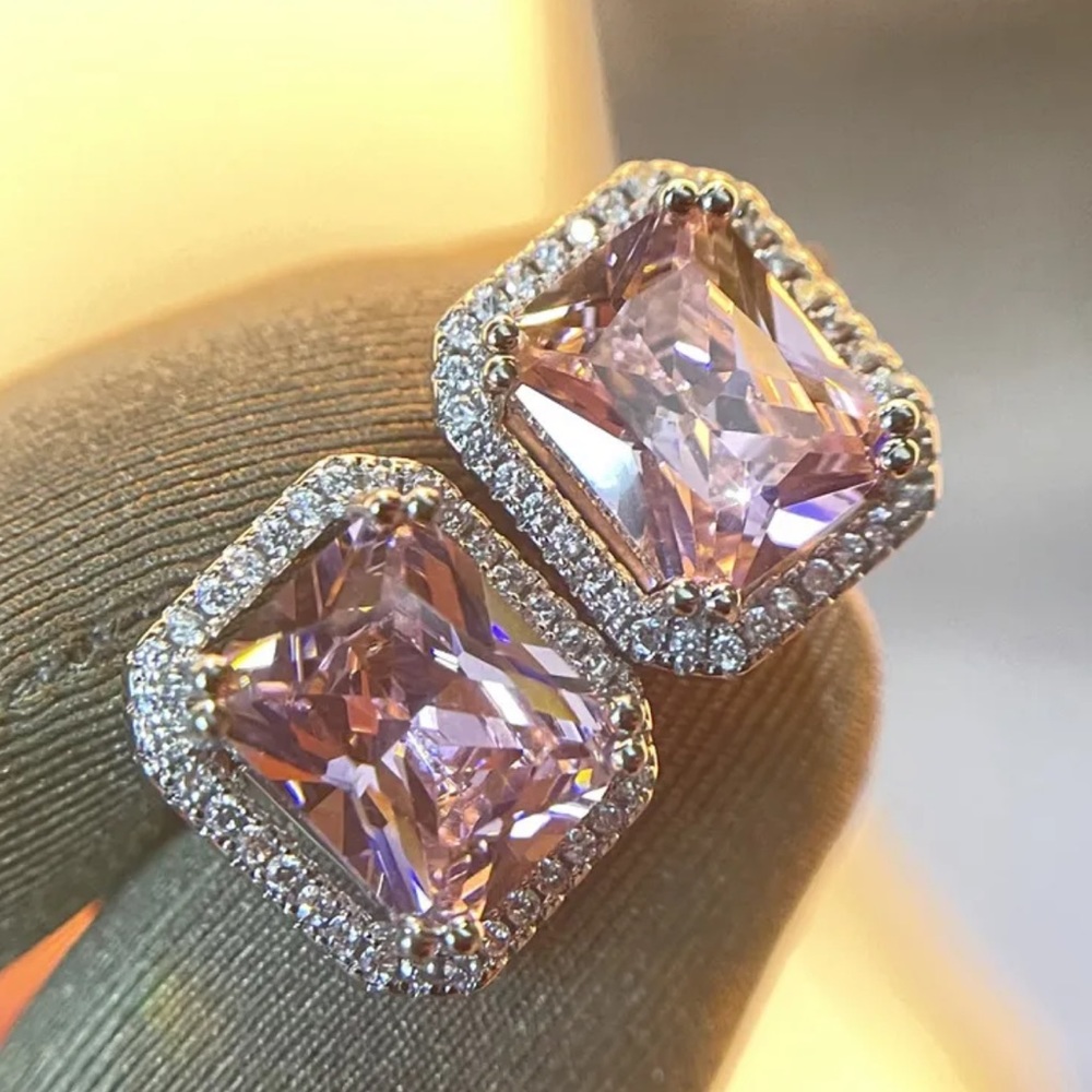 NEW Luxury Square Pink Sapphire S Silver 925 Earrings